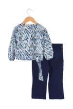 Kız Çocuk Bağlamalı Zebra Desenli Bluz ve Kumaş Pantolon İkili Takımı Lacivert