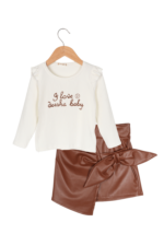 Kız Çocuk Şık Yazılı Bluz ve Deri Etekli İkili Takım Beyaz-Kahverengi