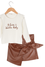 Kız Çocuk Şık Yazılı Bluz ve Deri Etekli İkili Takım Beyaz-Kahverengi - Görsel 2