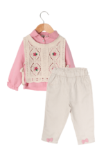Kız Bebek Nakış Detaylı Örgü Yelekli 3'lü Takım Pembe - Görsel 2