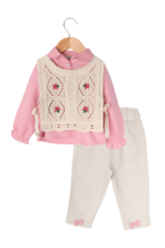 Kız Bebek Nakış Detaylı Örgü Yelekli 3'lü Takım Pembe