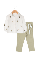 Kız Çocuk Zarif Çiçek Nakışlı Keten Gömlek ve Pantolon İkili Takımı Beyaz-Yeşil