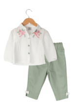 Kız Bebek Çiçek Nakışlı Gömlekli İkili Takım Krem