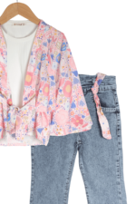 Kız Çocuk Çiçek Desenli Kimono ve Kot Pantolon 3'lü Takımı Pembe - Görsel 2