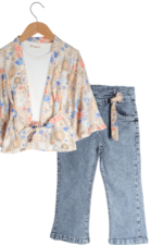 Kız Çocuk Çiçek Desenli Kimono ve Kot Pantolon 3'lü Takımı Yeşil - Görsel 3