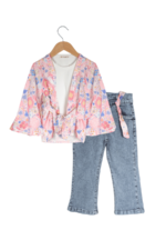 Kız Çocuk Çiçek Desenli Kimono ve Kot Pantolon 3'lü Takımı Pembe - Görsel 5